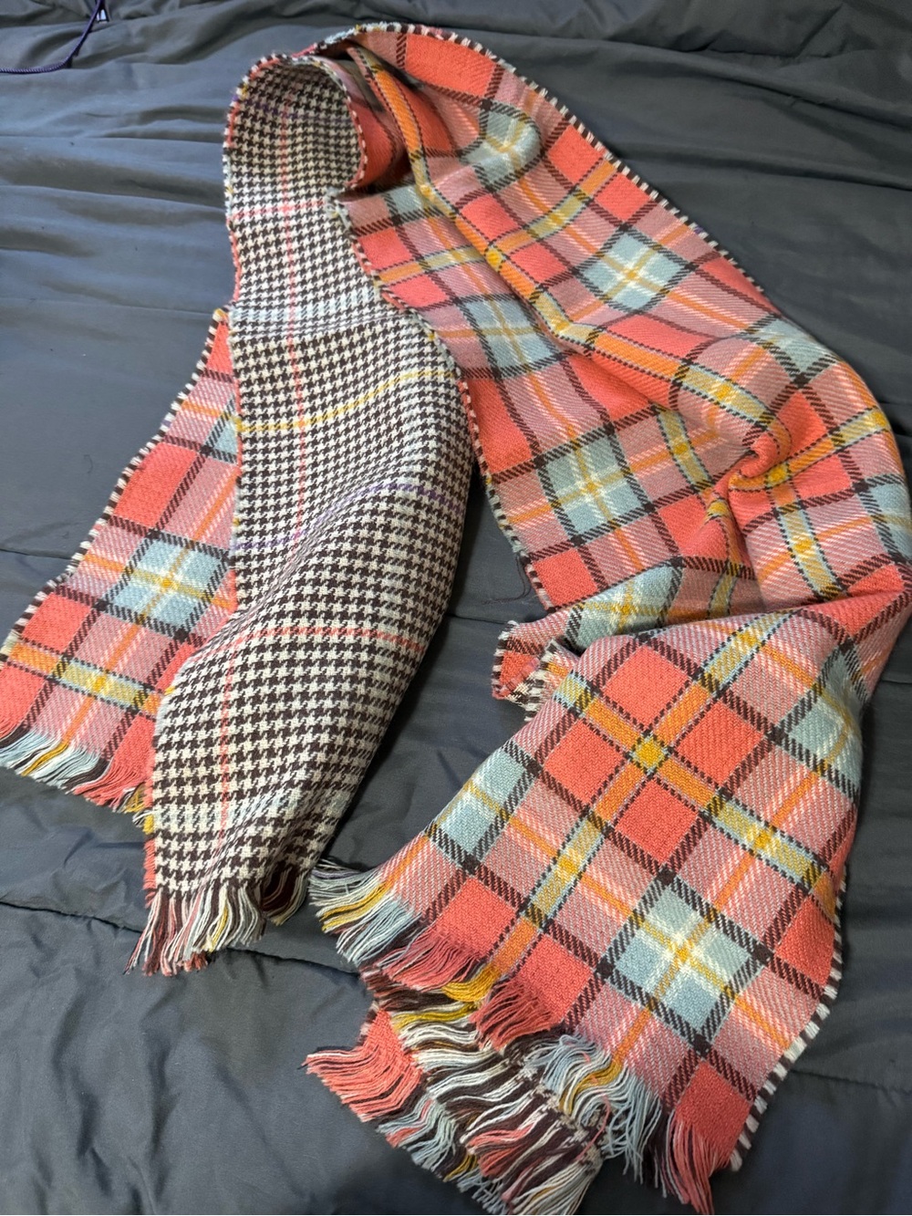 Plaid Reversible Fringe Scarf in Coral and Brown